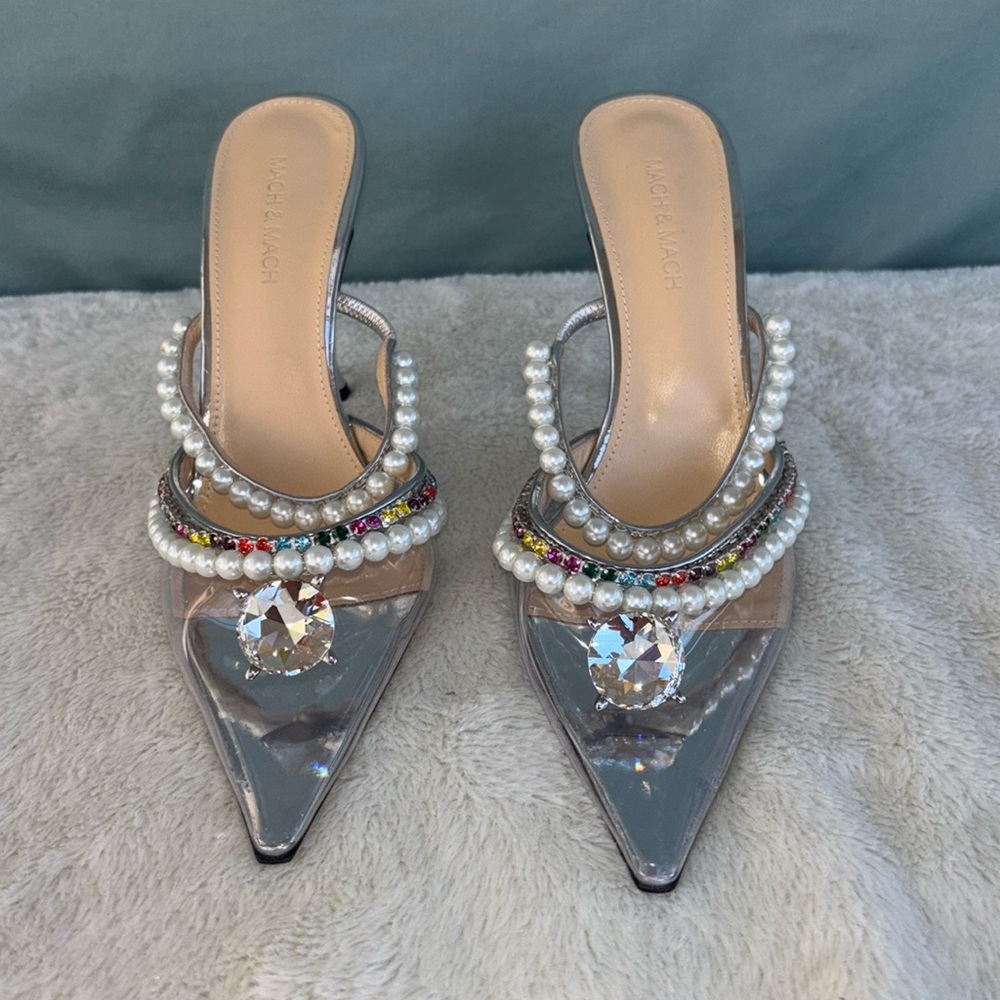 MACH & MACH Silver and Pearl Embellished Heels